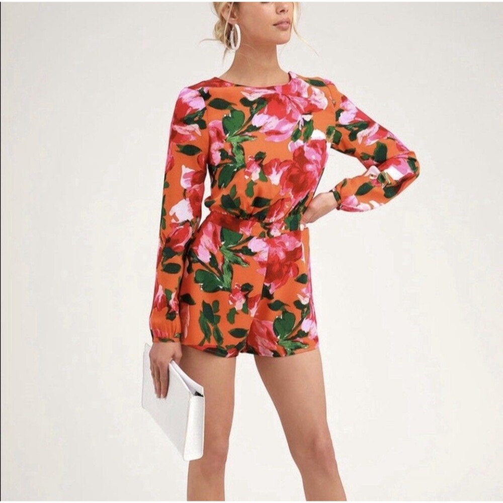 New Lulus XL Sweetest Song Romper Floral Backless Red Orange Pink Vibrant